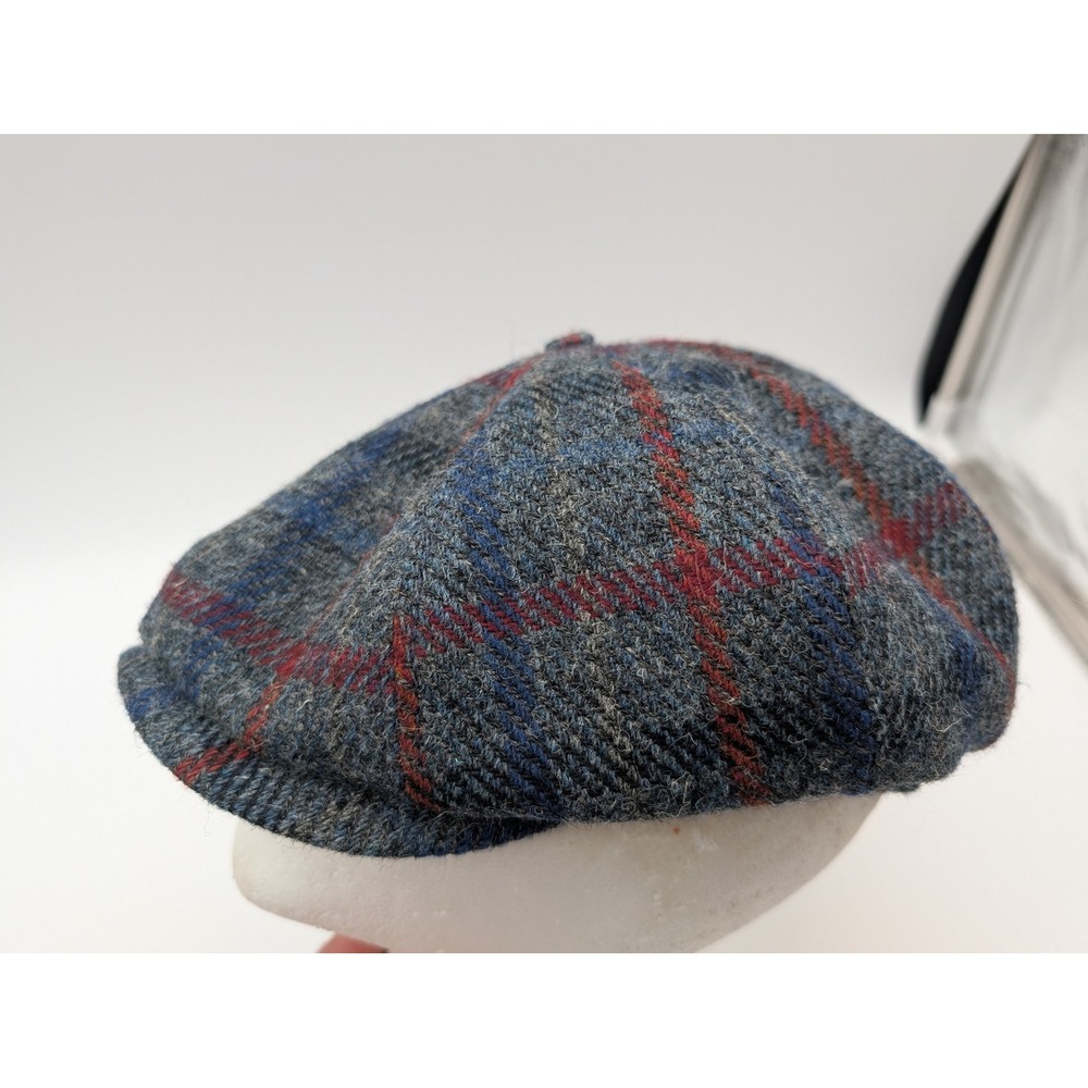 Sterkowski Harris Tweed Newsboy Cap Gray Blue Red Plaid Wool Flat Cap Size 54